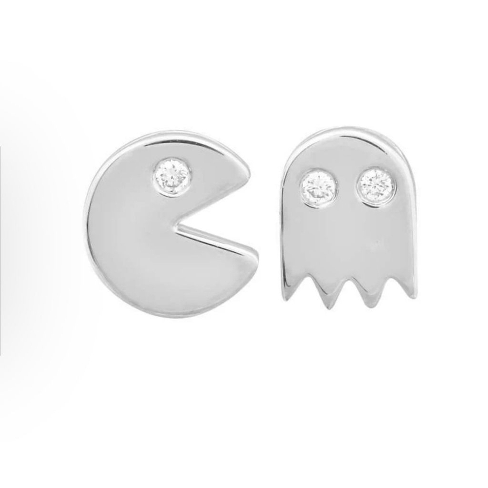 NEW Mismatch 14k White Gold Diamond Accent Pac-Man and Ghost‎ Stud Earrings